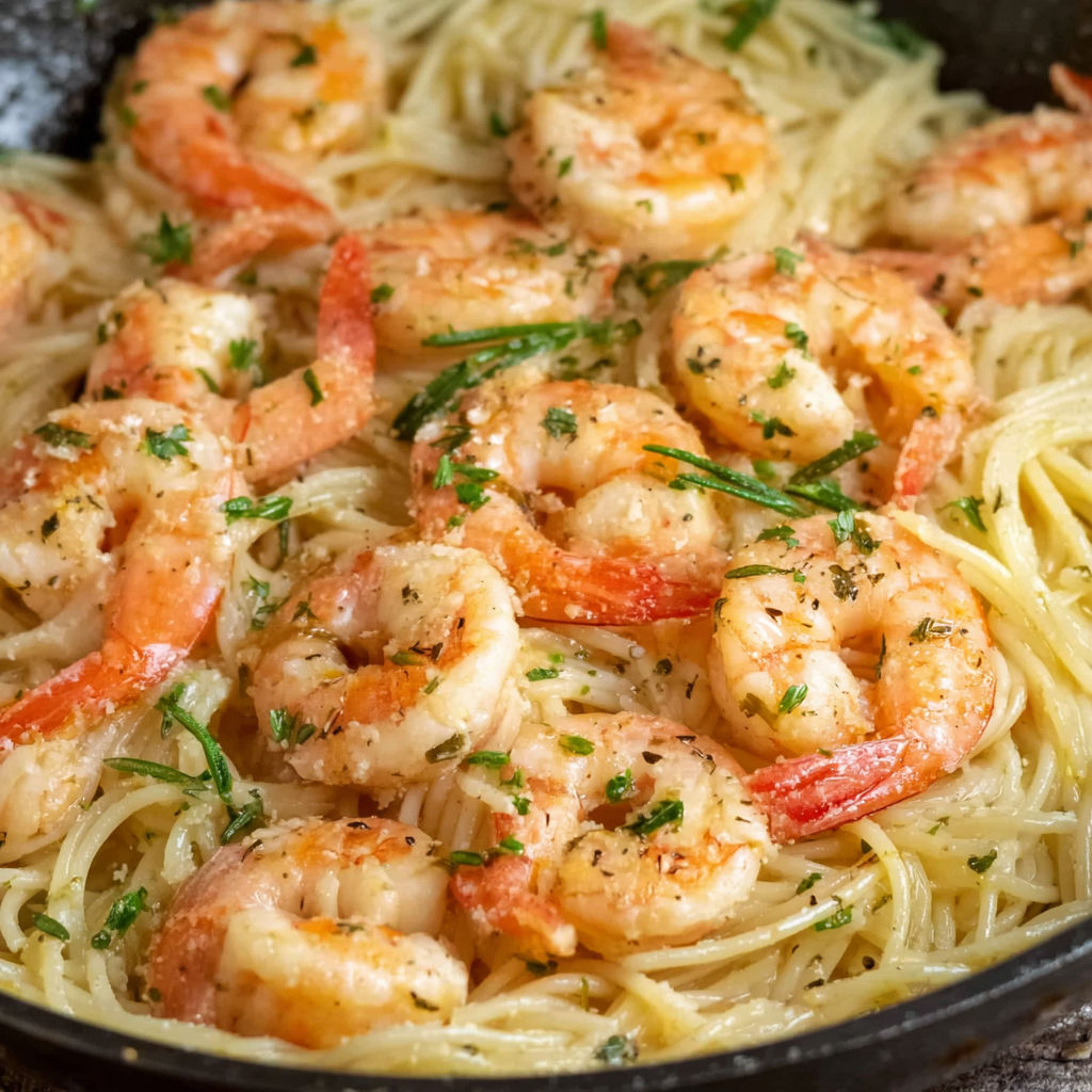 A dish of shrimp scampi with pasta.