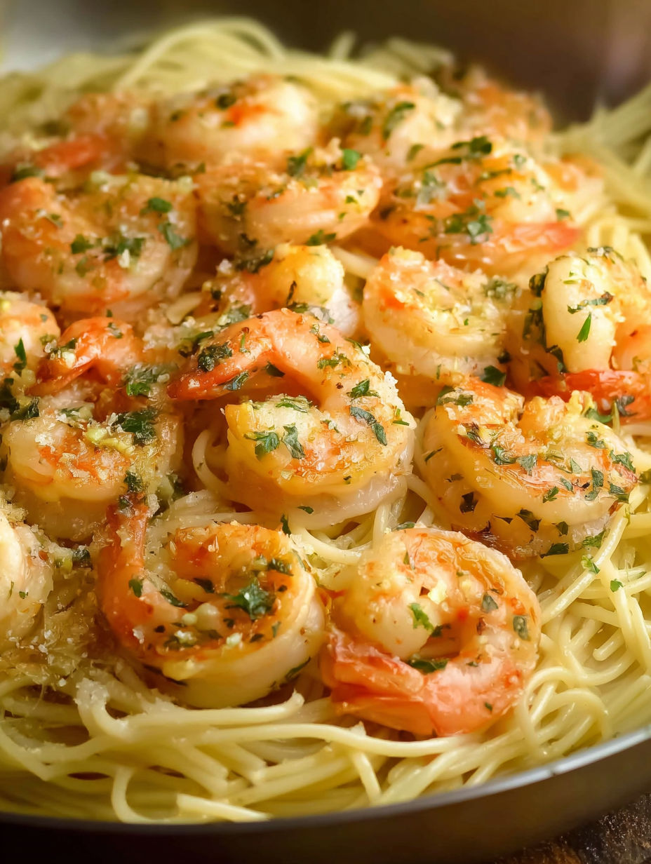 A plate of shrimp scampi with spaghetti.