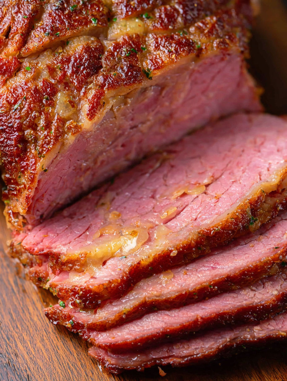 A piece of corned beef in a pan.