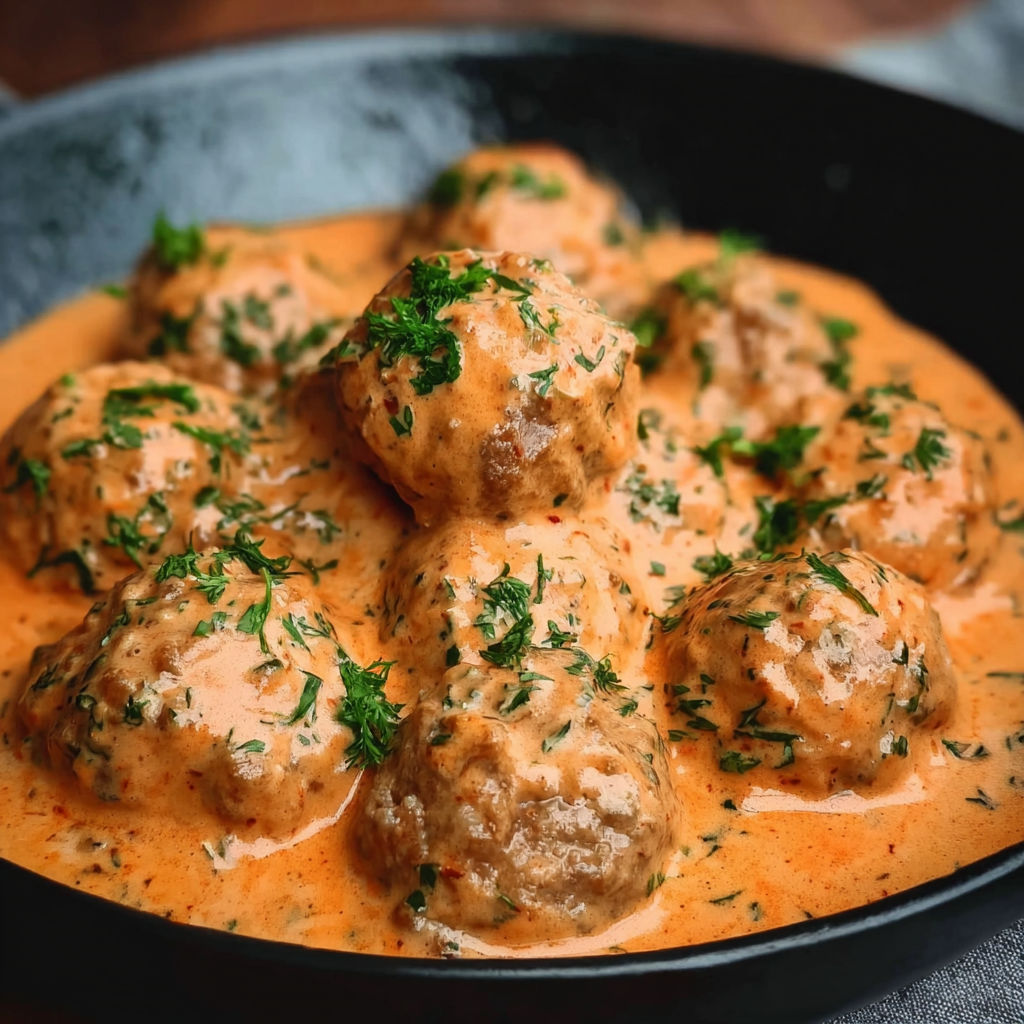 A bowl of creamy tomato basil meatballs.