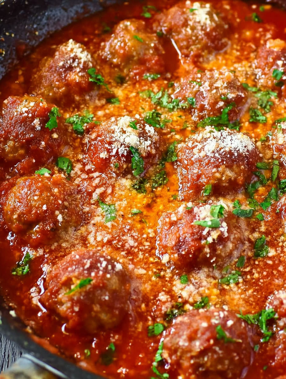 A close up of meatballs in a red sauce.