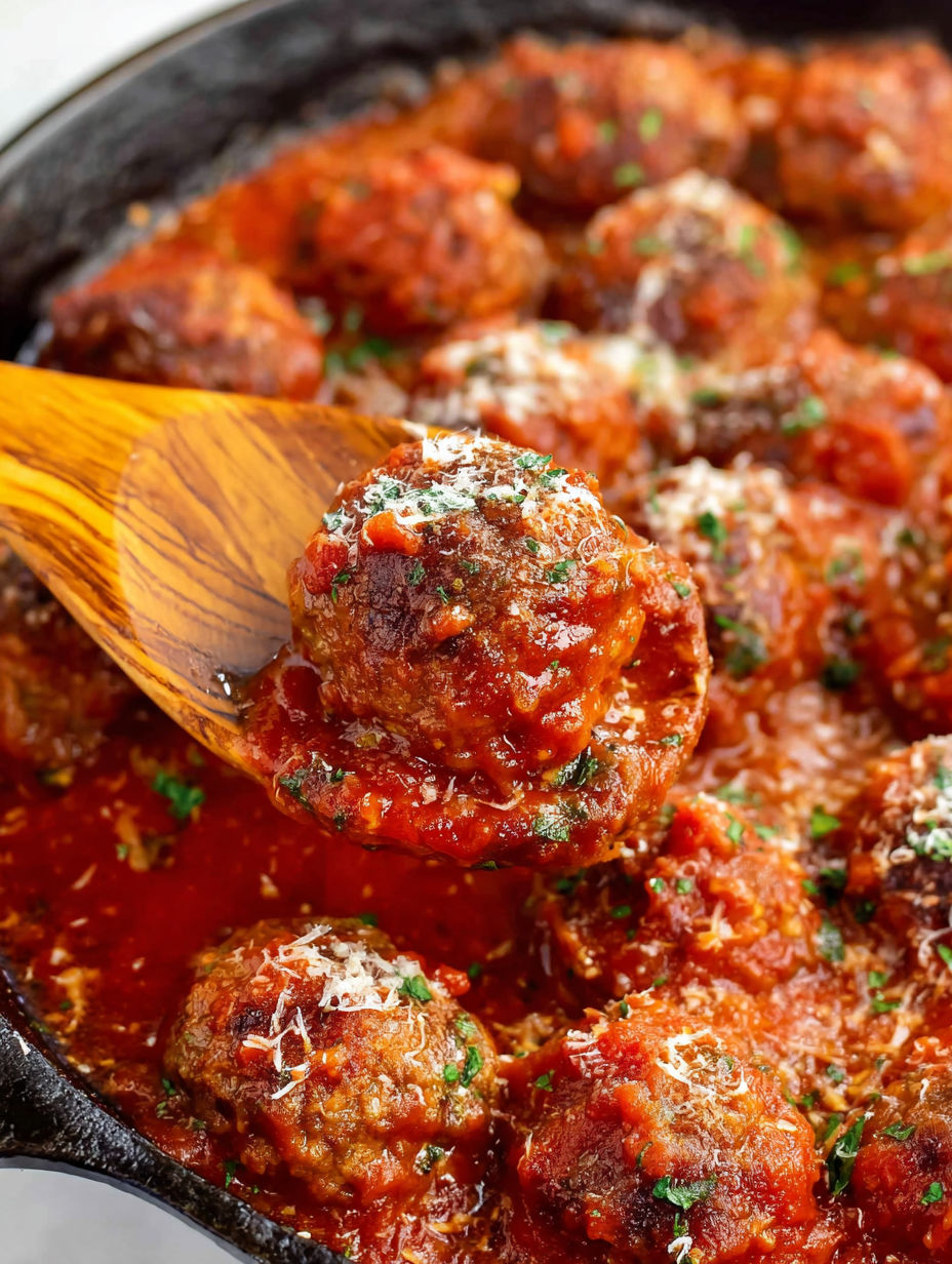 A wooden spoon is in a bowl of meatballs.