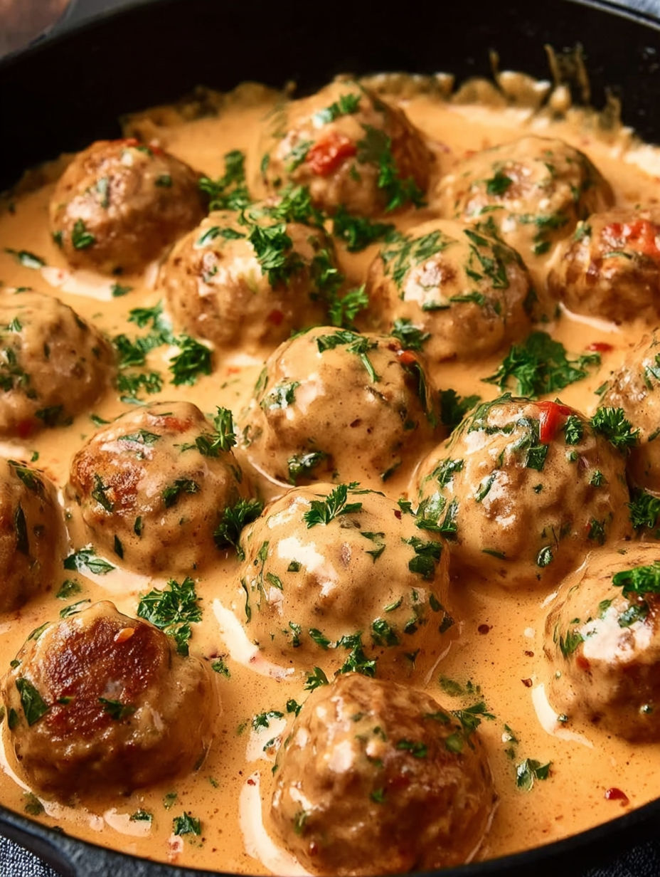 A bowl of creamy tomato basil meatballs.