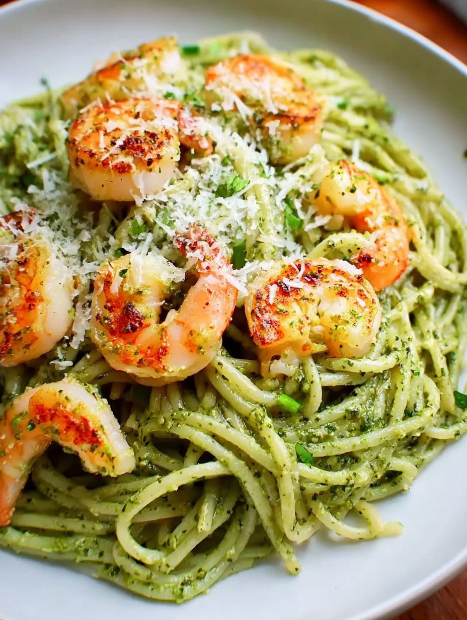A plate of pasta with shrimp and pesto sauce.