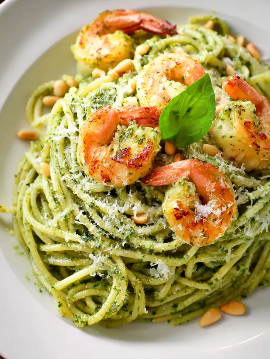 A plate of pasta with shrimp and pesto sauce.