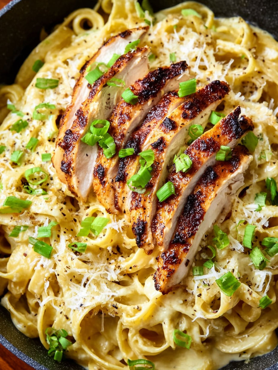 A dish of chicken and pasta with green peppers.