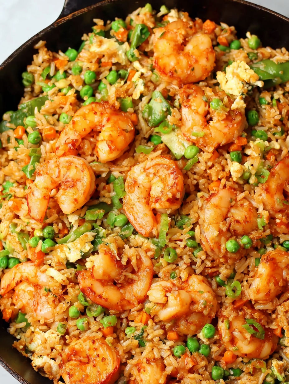 A dish of shrimp fried rice with peas and carrots.