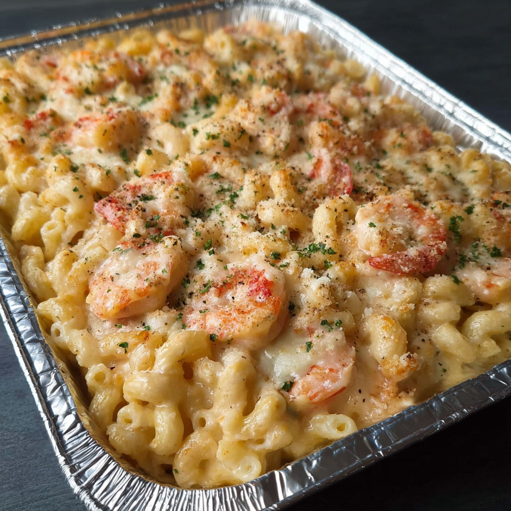 A seafood mac and cheese bake in a tin.