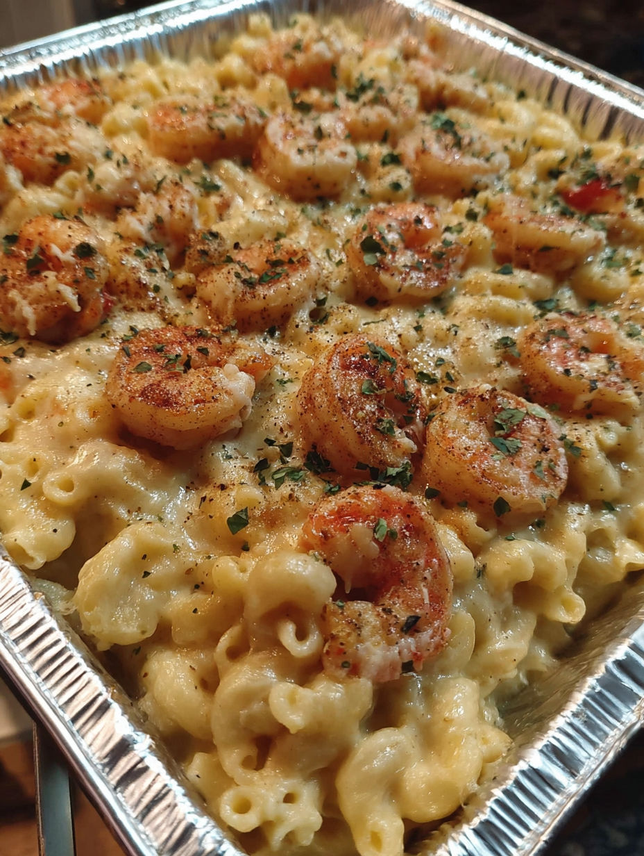 A seafood mac and cheese bake in a tin.