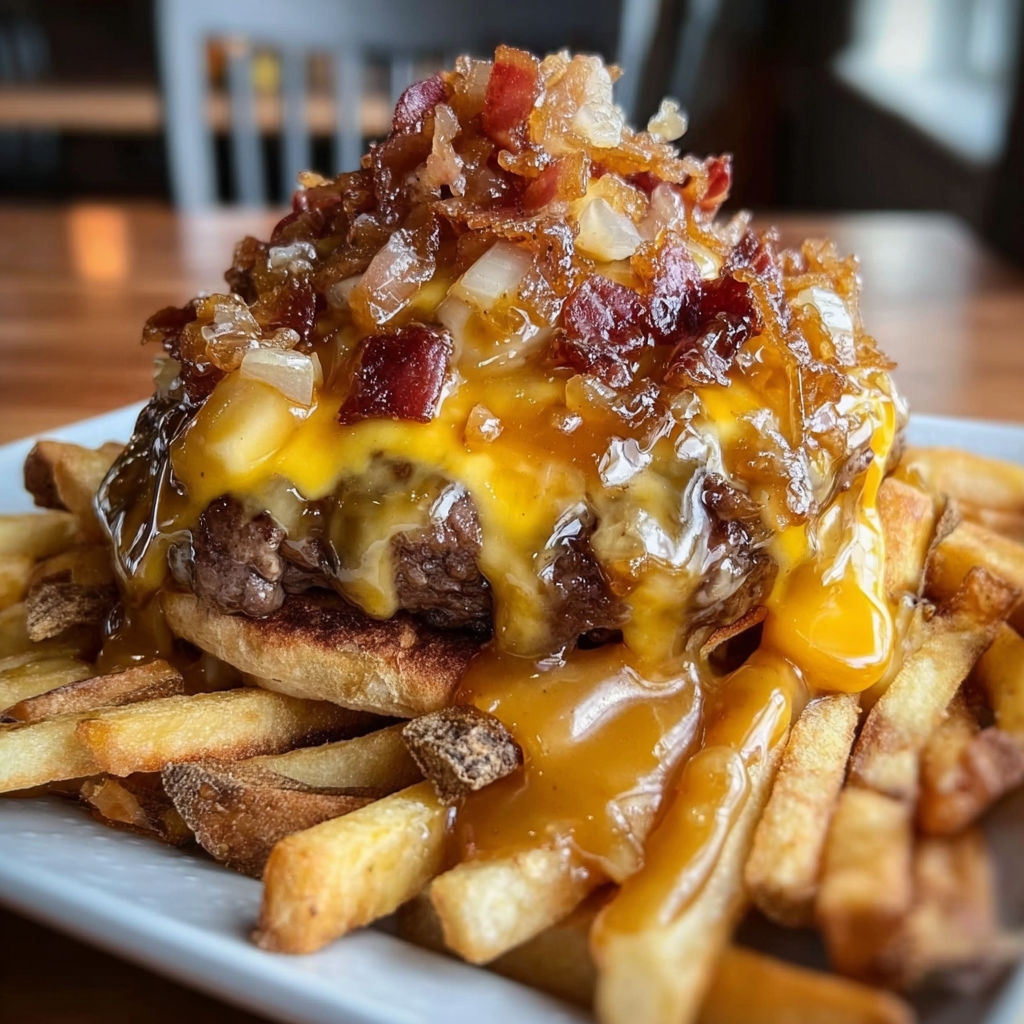 A plate of food with a maple glazed bacon cheeseburger poutine.