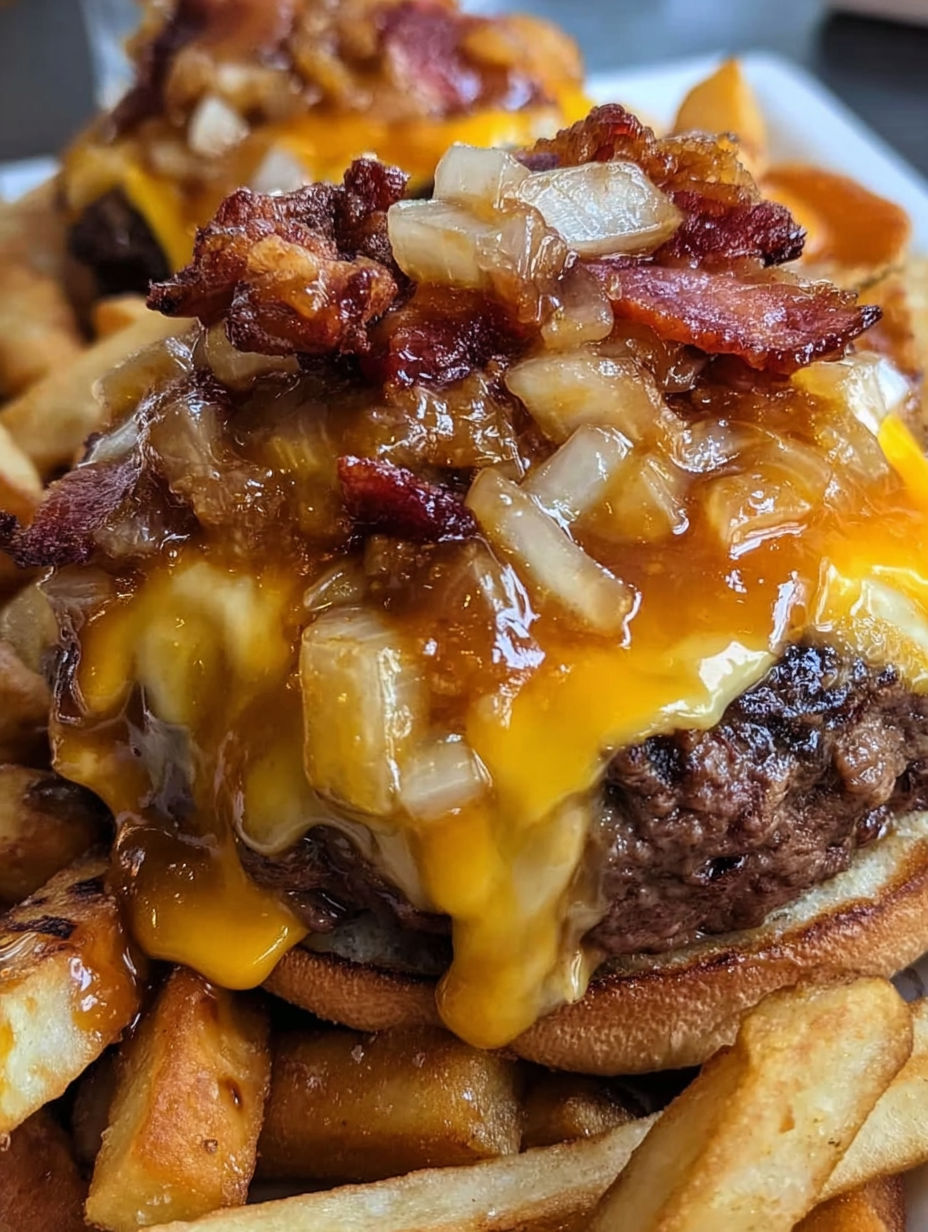 A cheeseburger with bacon and onions on top.