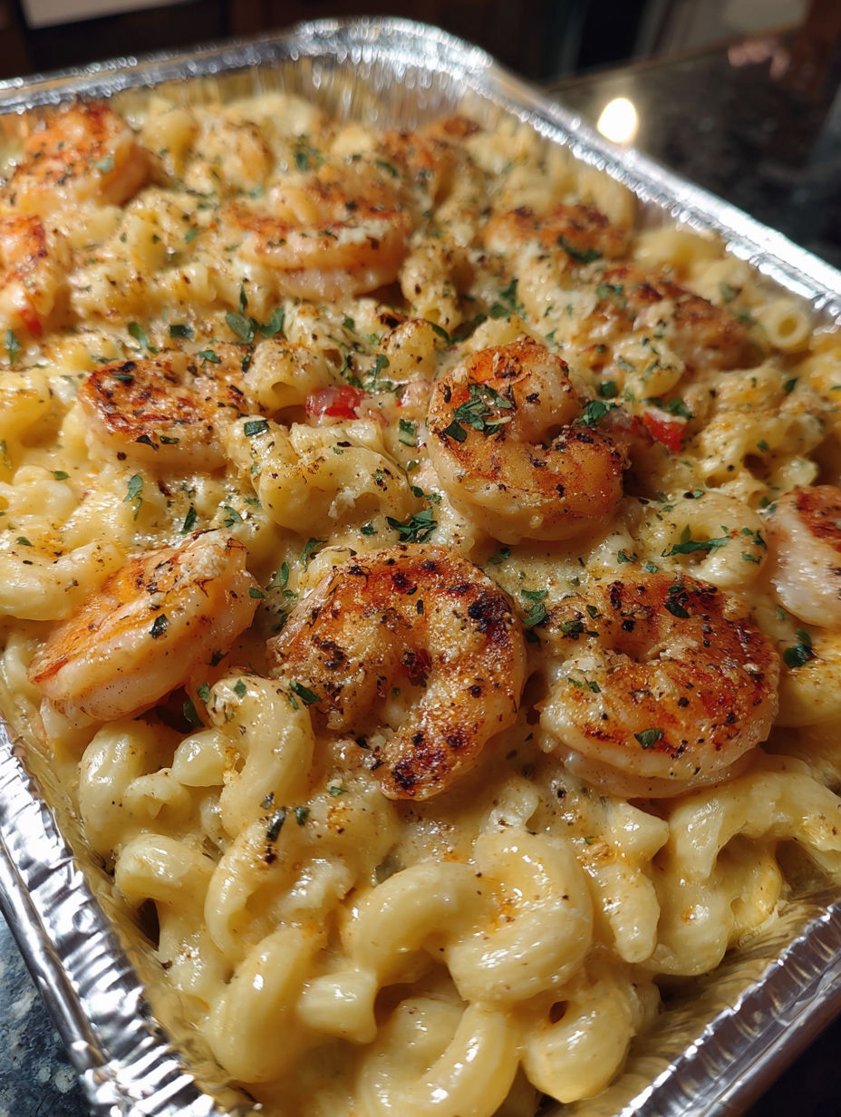 A seafood mac and cheese bake in a tin.