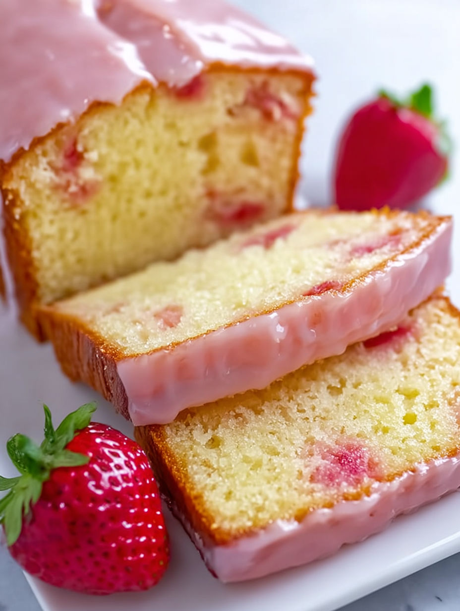 A slice of moist strawberry pound cake.