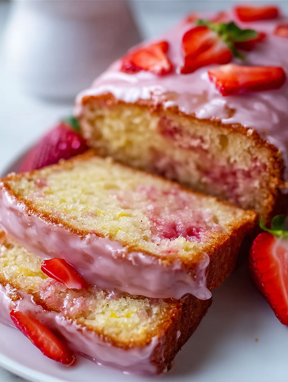 A slice of moist strawberry pound cake.
