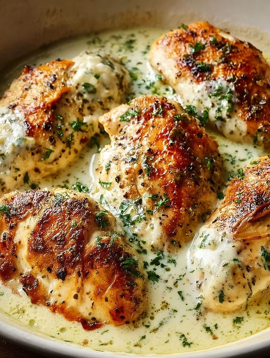 Baked chicken with cream cheese and herbs.