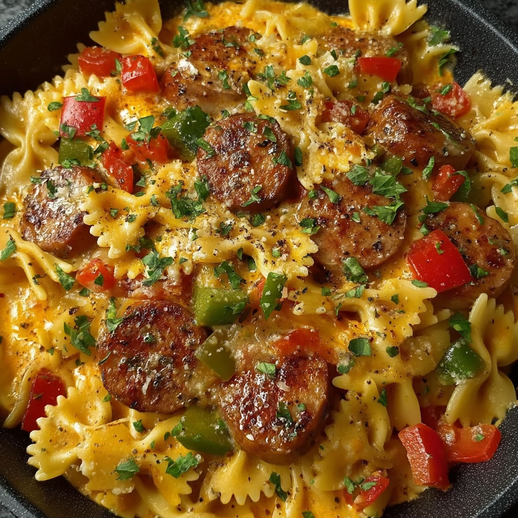 A one pot cheesy smoked sausage dish.