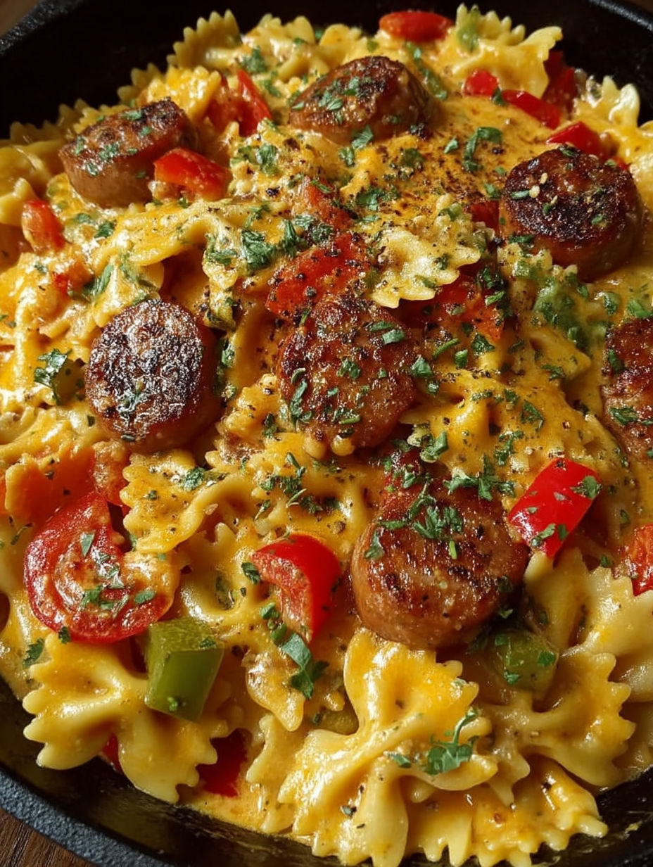 A plate of pasta with sausage and peppers.