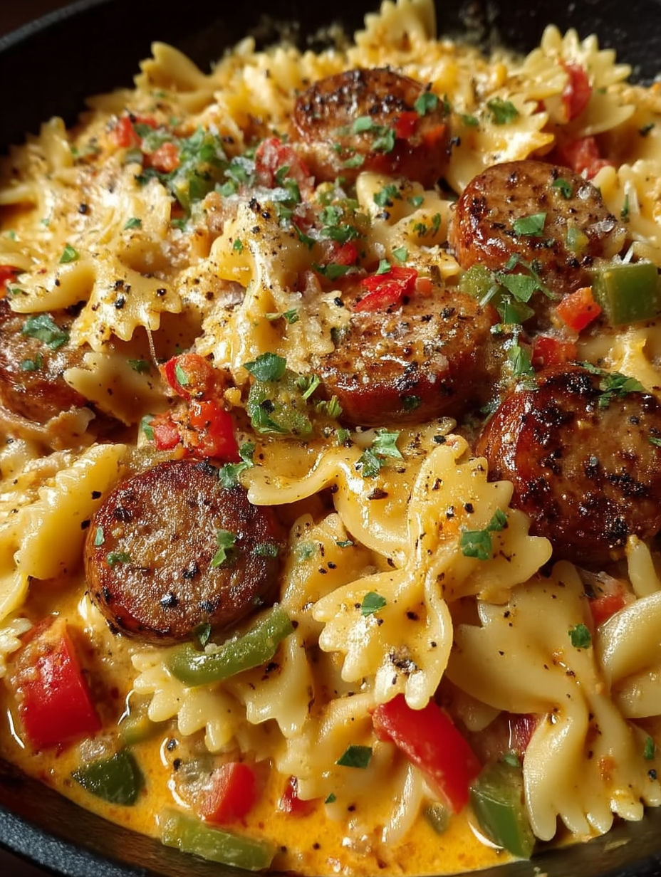 A close up of a plate of pasta with sausage and peppers.