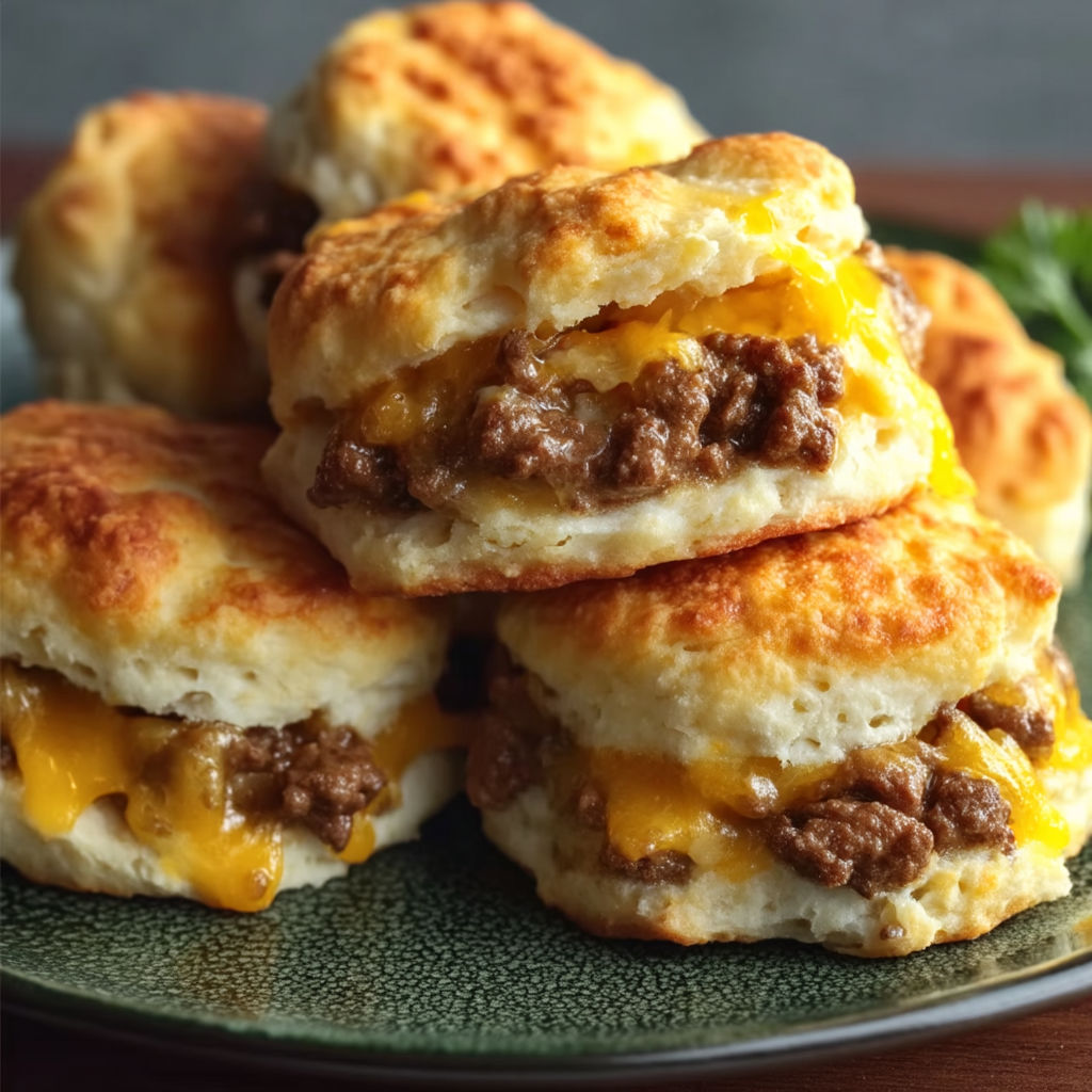 A plate of chopped cheeseburger biscuits bake.
