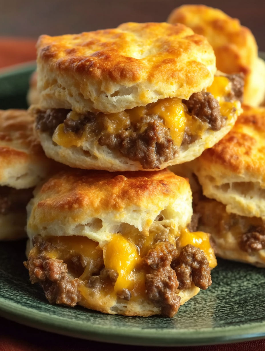 A stack of chopped cheeseburger biscuits bake.