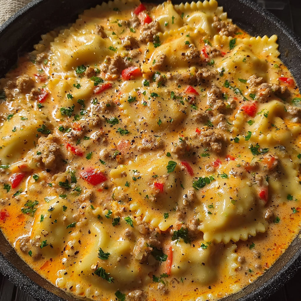 A bowl of Cajun Sausage Ravioli.