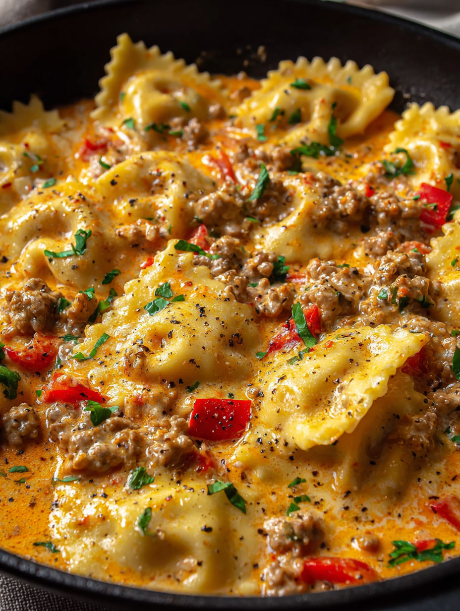 A dish of Creamy Cajun Sausage Ravioli.
