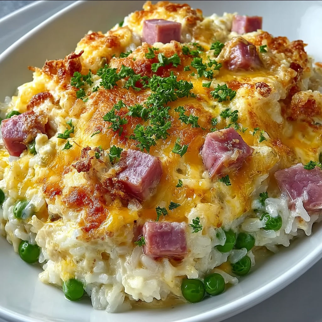 A cheesy ham and pea casserole.