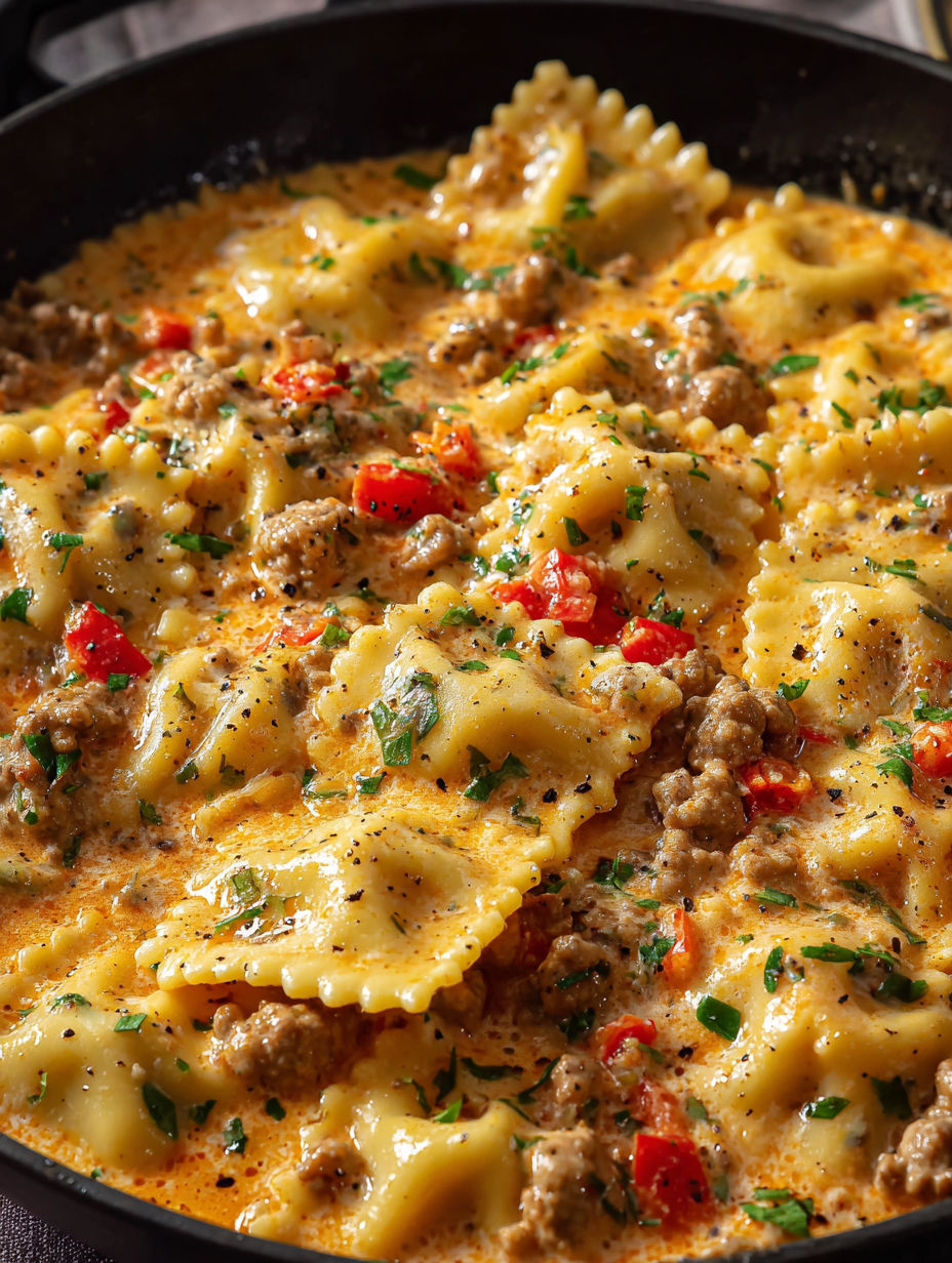 A bowl of creamy cajun sausage ravioli.