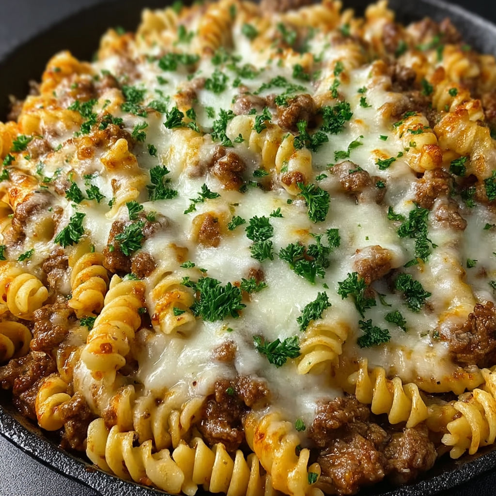 A cheese steak hamburger helper with meat and cheese.