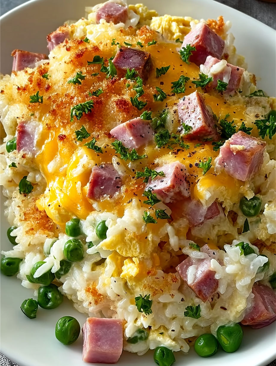 A close up of a cheesy ham and pea casserole.
