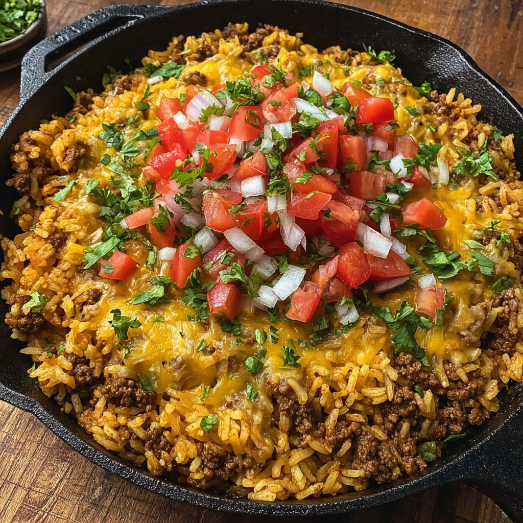 A skillet full of rice, tomatoes, onions, and cheese.