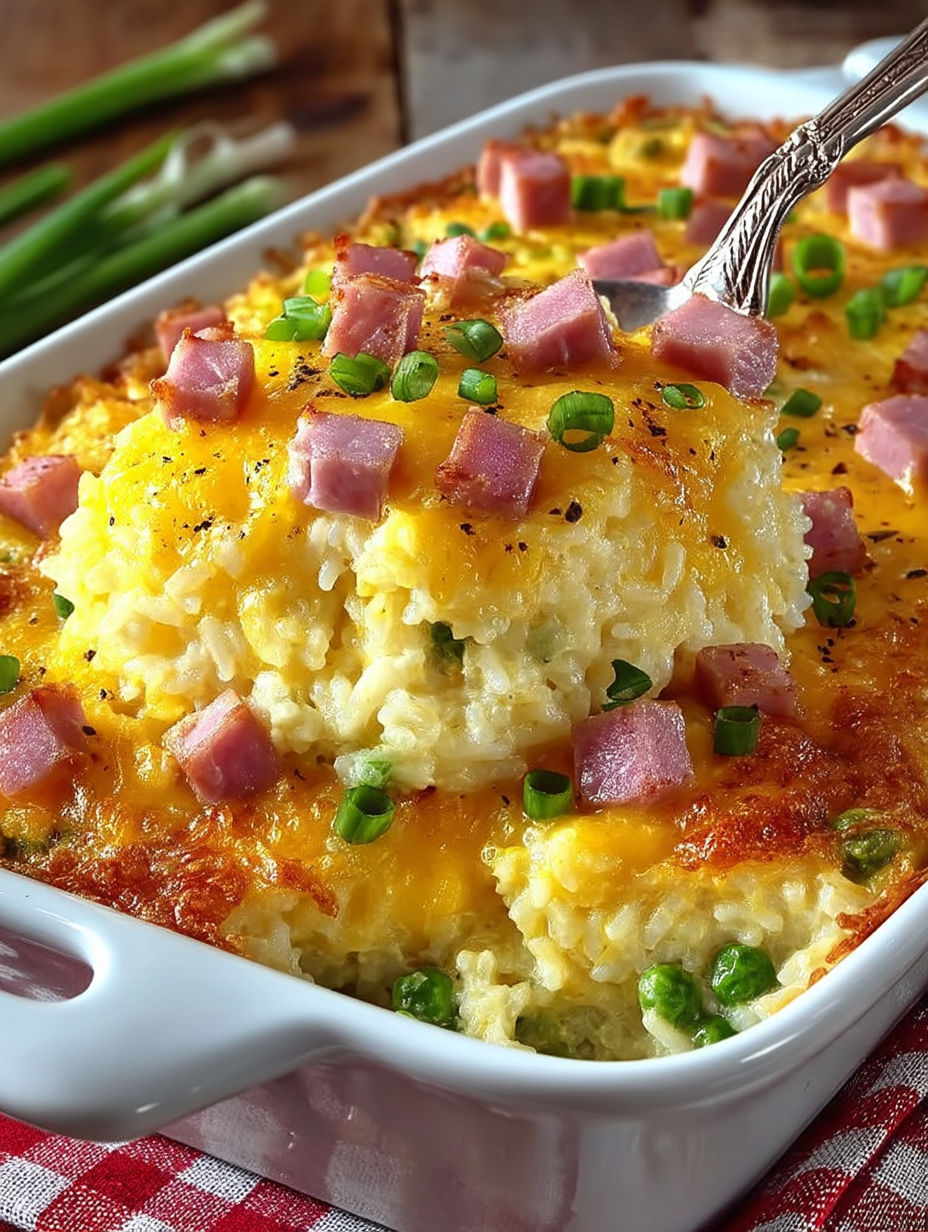 A close up of a cheesy ham and pea casserole.