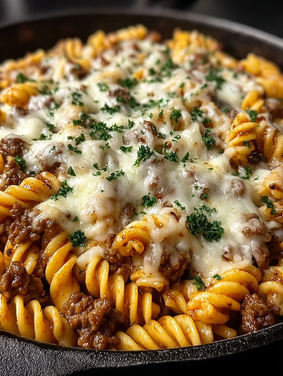 A close up of a cheese steak hamburger helper.