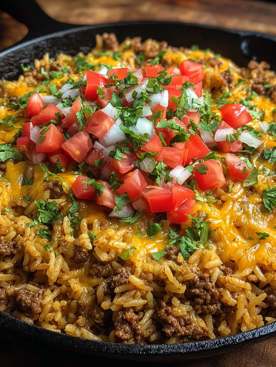 A delicious cheesy taco rice skillet dinner.