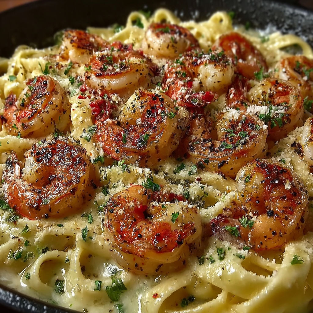 A delicious one pan shrimp fettuccine alfredo.