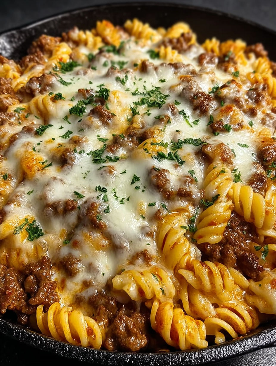A close up of a cheese steak hamburger helper.