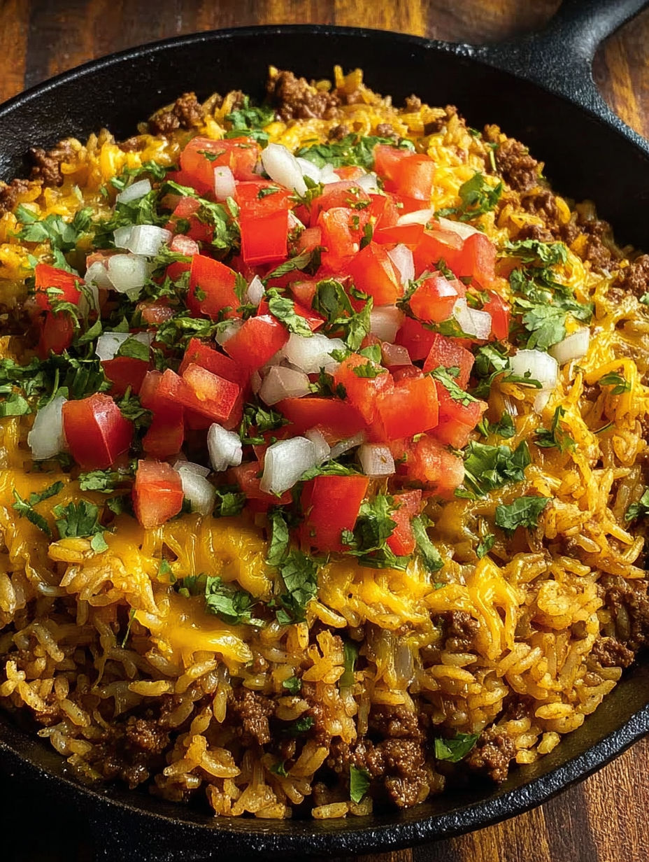 A skillet full of cheesy taco rice.