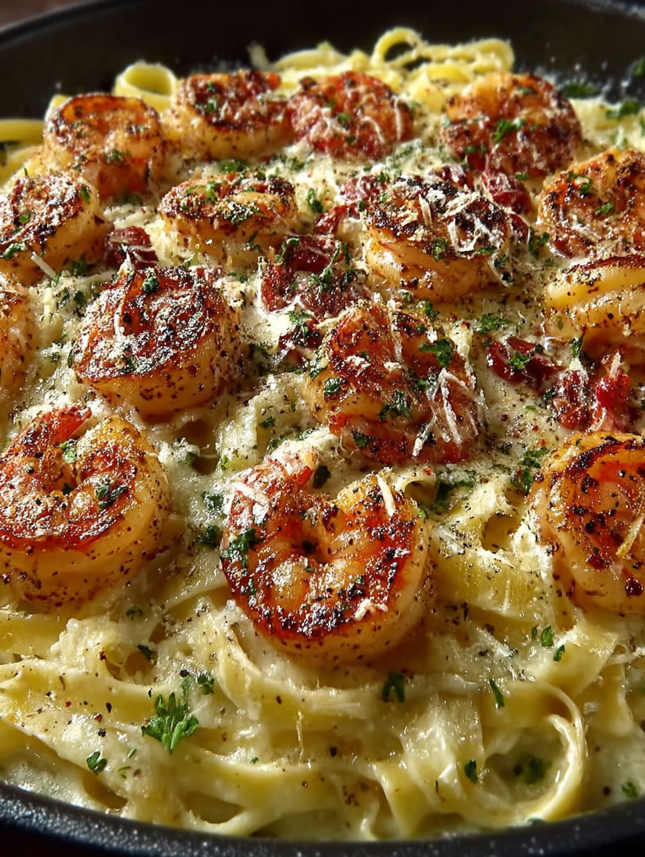 A close up of a dish with shrimp and cheese.