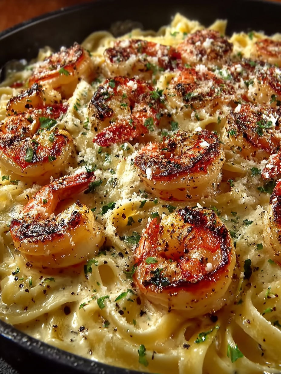 A dish of shrimp and pasta.