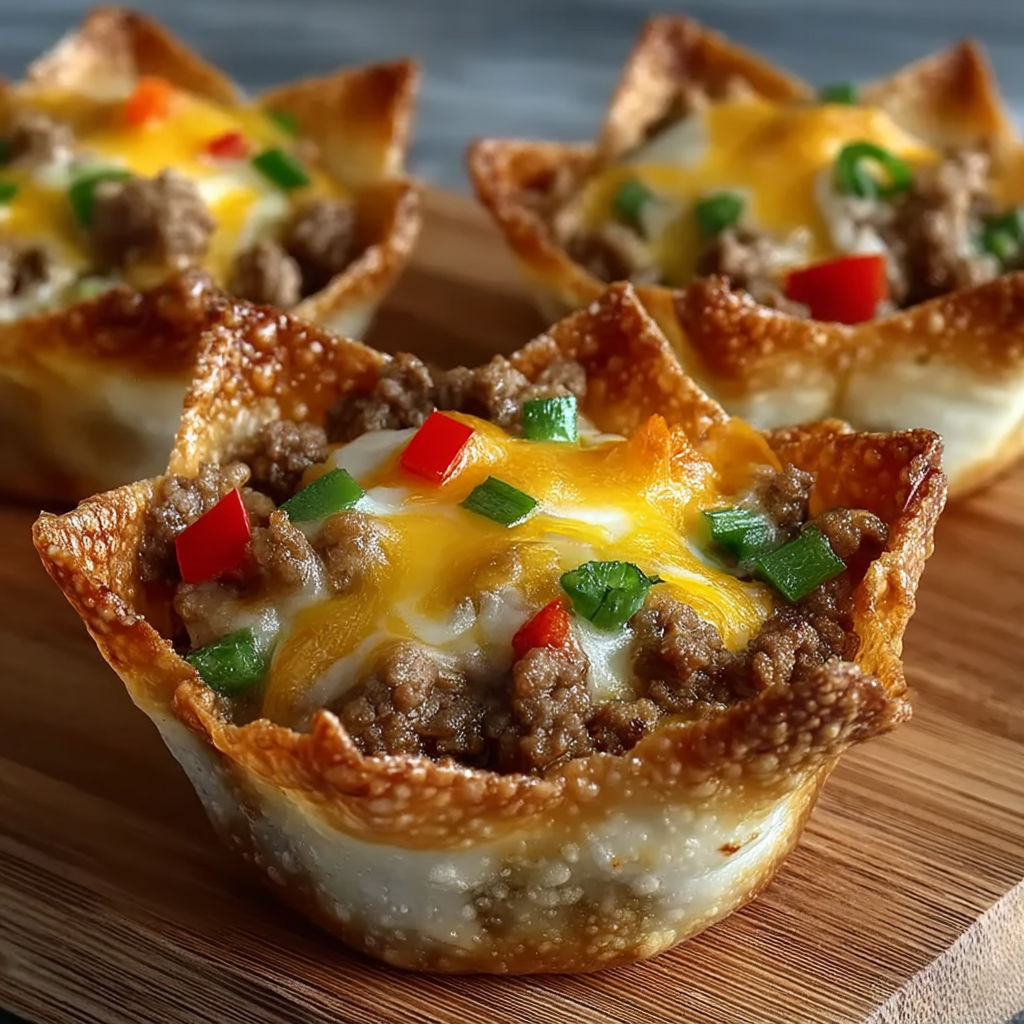 Cheesy Sausage Wonton Cups on a wooden table.