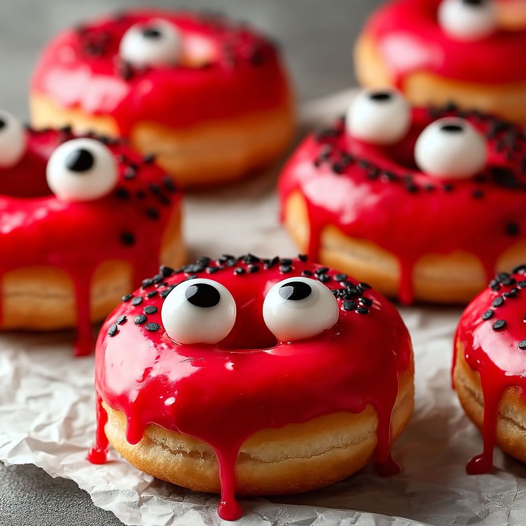 A plate of red frosted donuts with black eyes.