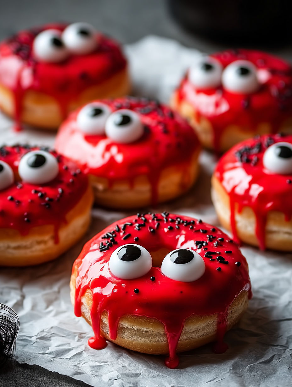 A plate of red frosted donuts with black eyes.