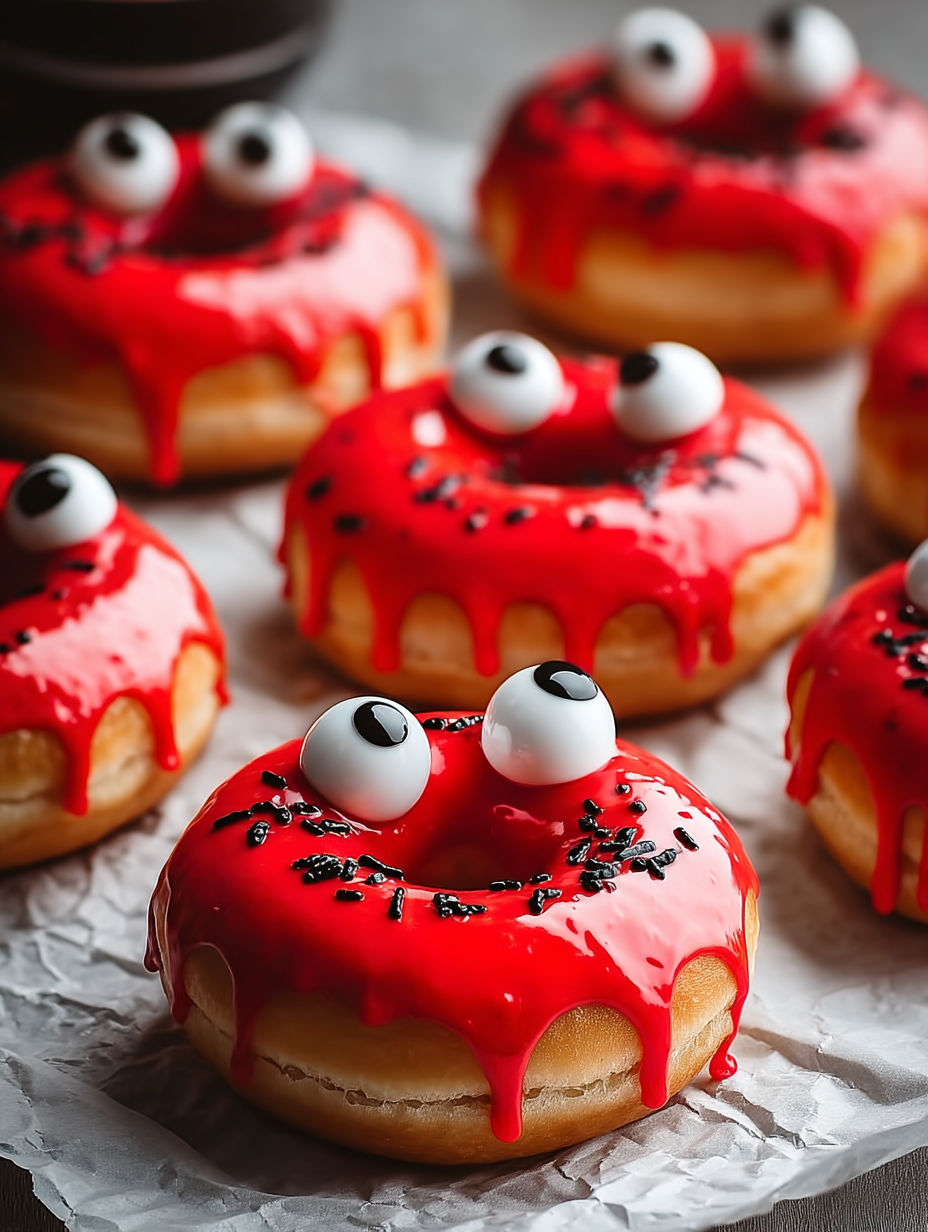 Red frosted donuts with black eyes and a mouth.
