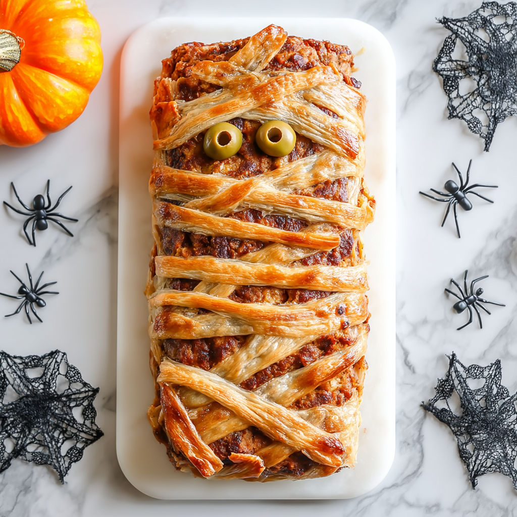 A mummy meatloaf with olives for eyes.