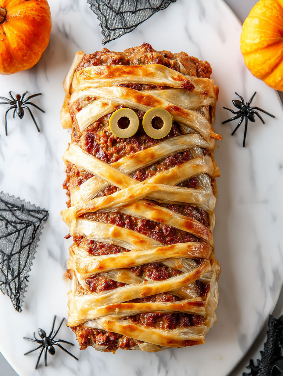 A mummy meatloaf with two googly eyes.