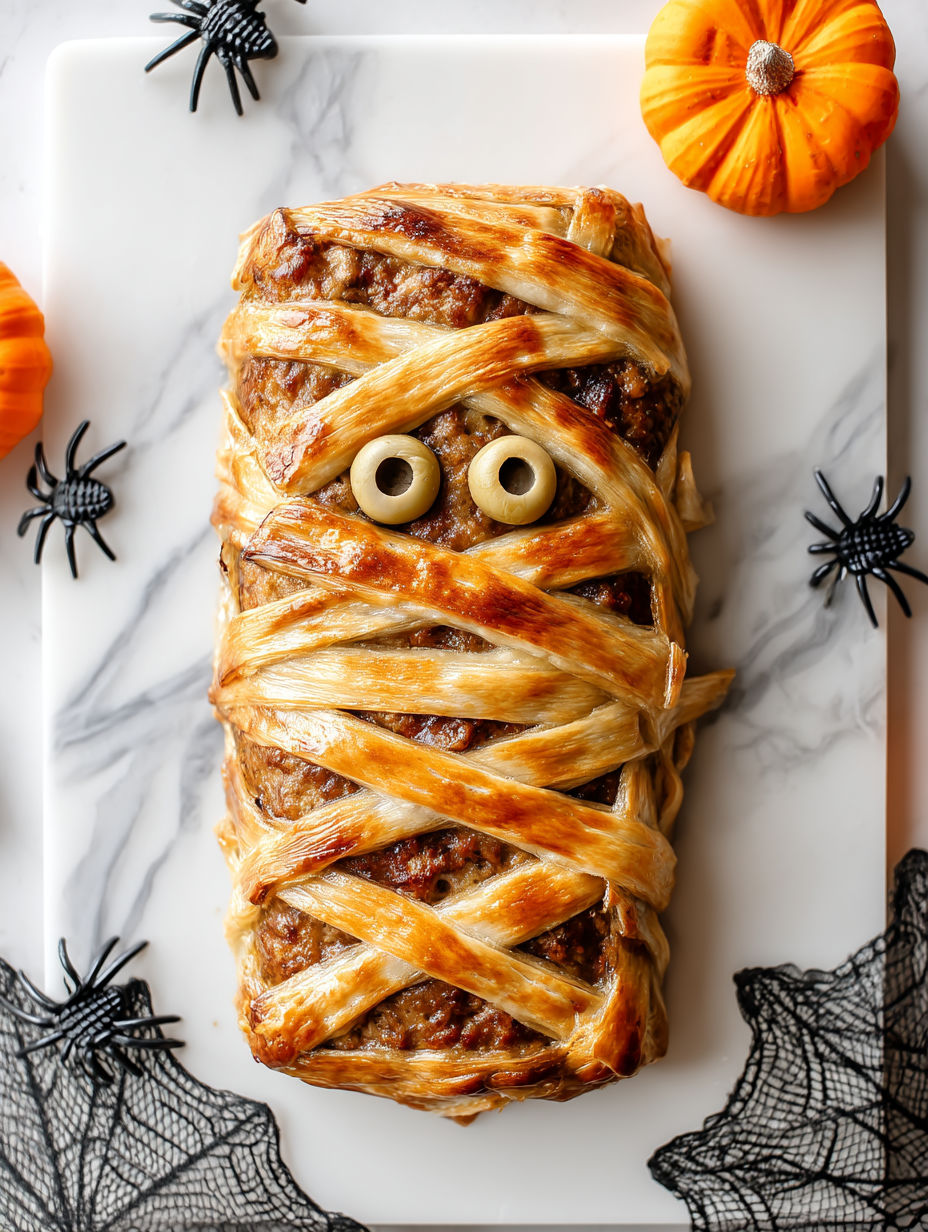 A mummy meatloaf with eyes made of olives.