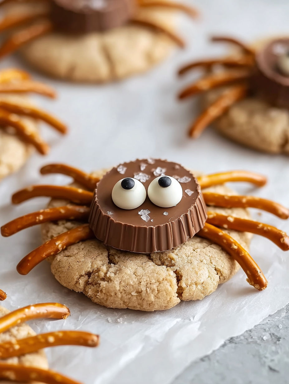 A spooky spider cookie with a chocolate chip on top.