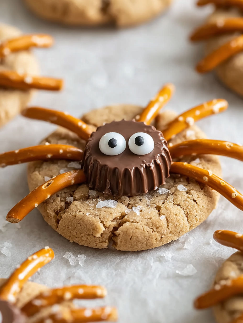 A spooky spider cookie with a chocolate chip and a pretzel.
