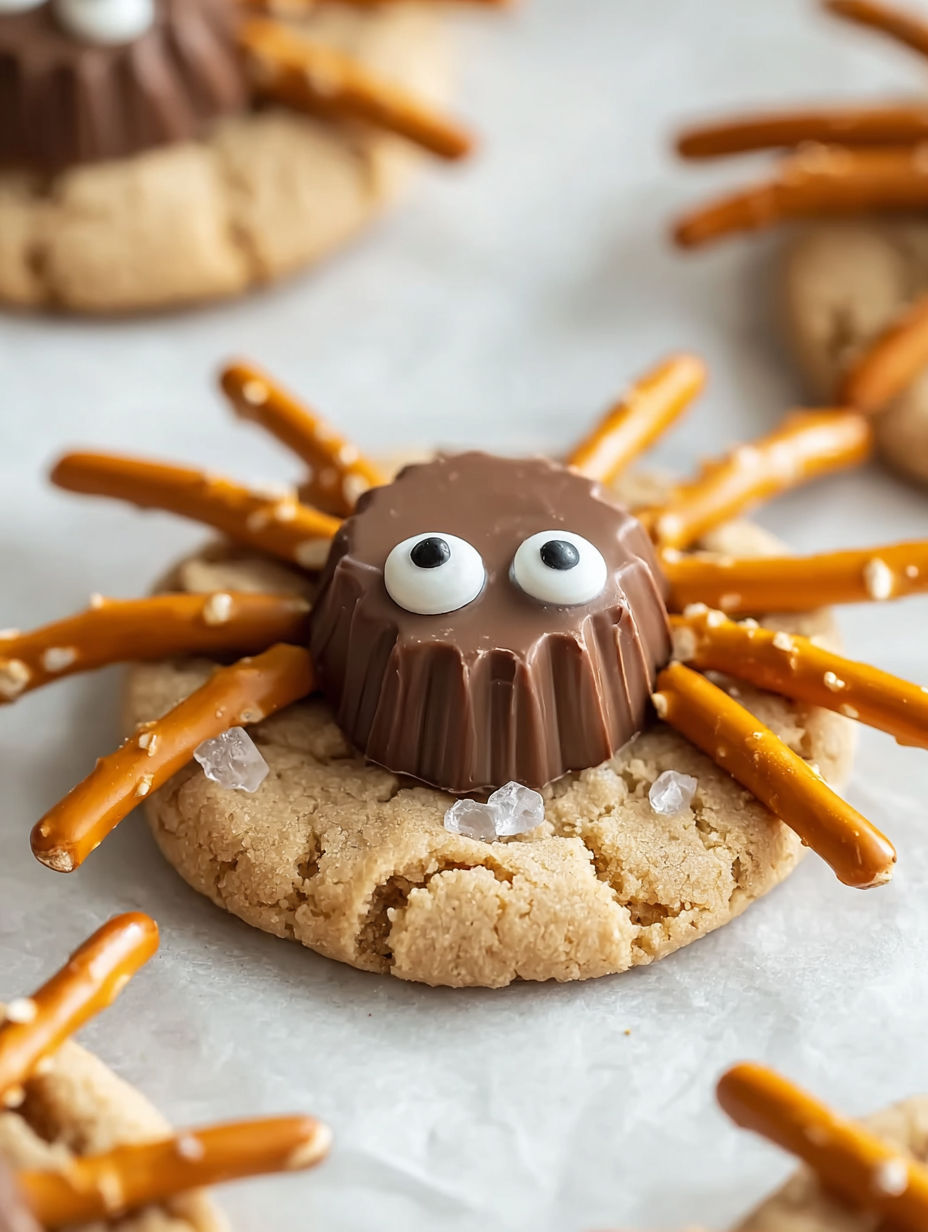 A spooky spider cookie with a chocolate center and a pretzel leg.