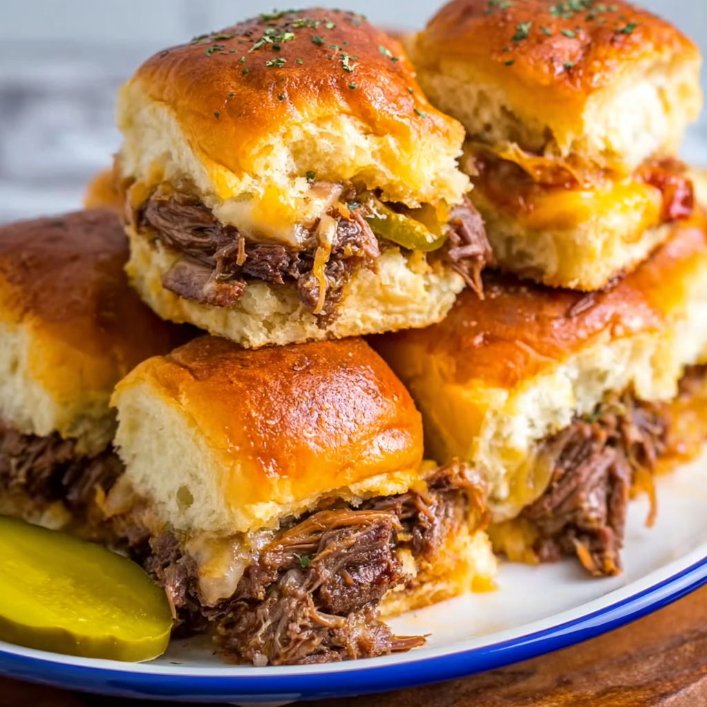 A stack of Mississippi pot roast sliders.